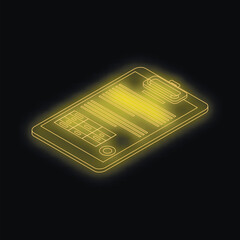 Poster - Glowing neon yellow clipboard with document and checkboxes symbolizes online survey, checklist, or digital form, on black background