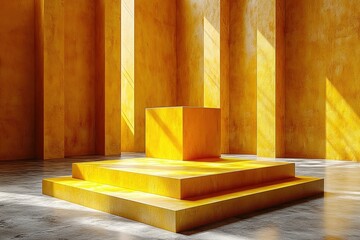 Poster - Yellow box placed in a room with a large window providing natural light and a view outside