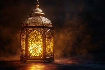 Poster - Lantern with a warm glowing light inside illuminating the surrounding area at night