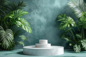 Poster - White candle on pedestal surrounded by lush tropical plants in a serene indoor setting