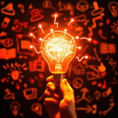Poster - Hand Holding Light Bulb with Creative Ideas and Illustrations Background