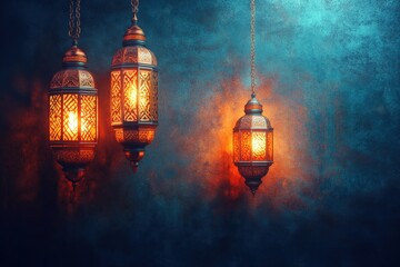 Poster - Three modern hanging lamps against a vibrant blue background in an interior setting