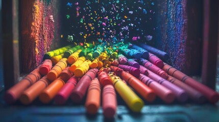 Poster - A rainbow of crayons spilling from an open box, showcasing vibrant colors and creative potential, ideal for education, children content, or artistic projects