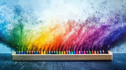 Poster - A rainbow of crayons spilling from an open box, showcasing vibrant colors and creative potential, ideal for education, children content, or artistic projects