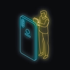 Poster - Neon illustration of businessman holding documents and standing near big smartphone on black background, isometric view