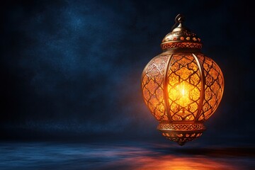 Poster - Large ornate gold lantern with glowing candle illuminating dark surroundings at night