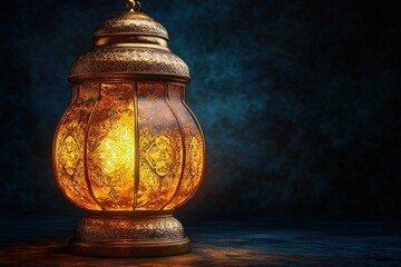 Poster - Large golden lantern illuminated against a dark background creating a warm and inviting atmosphere
