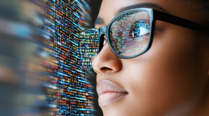 Poster - Close-up of woman with glasses observing digital data streams