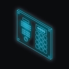 Poster - Neon blue isometric intercom system glowing on a black background