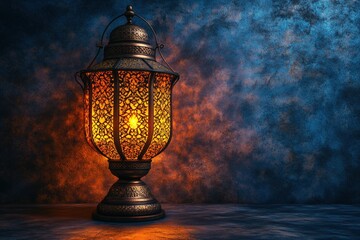 Poster - Large ornate lantern illuminated by a candle casting warm light in a dark environment