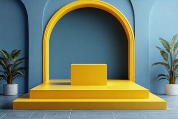 Poster - Yellow bench in blue room with potted plants and decorative items on the floor and walls