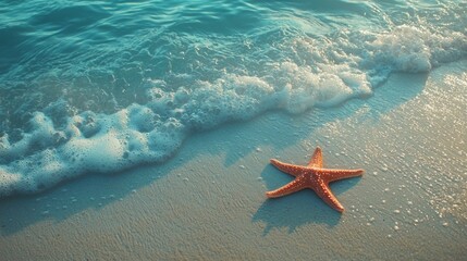 Aufkleber - A vibrant starfish lies on the soft sand, meeting the delicate waves that roll in from a crystal-clear ocean. The sunlight sparkles on the water, creating a tranquil atmosphere