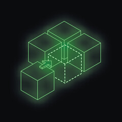 Poster - Glowing green cubes linked by dotted lines and arrows represent blockchain technology and secure data transfer on a dark background