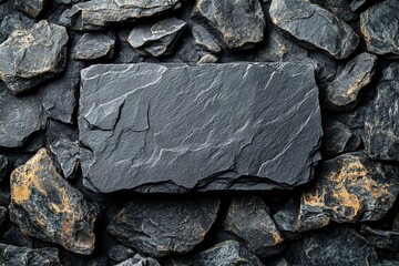 Poster - Black stone resting on a pile of grey and brown rocks in a natural outdoor setting
