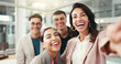 © peopleimages.com - Business, selfie and team building with friends laughing in office together for social media profile picture. Corporate, funny and portrait of happy employee people at work for about us photograph