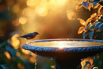 Sticker - Bird on birdbath at sunset, golden hour light, tranquil garden scene.