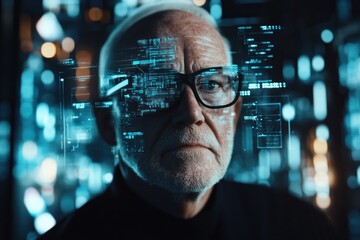 Poster - Elderly man with glasses surrounded by digital data visualizations