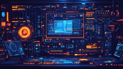 Poster - A sleek flat vector illustration of a digital art creation process with layers, tools, and a glowing screen, evoking modern innovation.