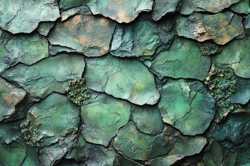 Poster - Close up view of a textured green and brown wall with natural patterns and color variations