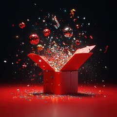 Aufkleber - Vibrant Red Gift Box Bursting Open with Confetti and Colorful Decorations