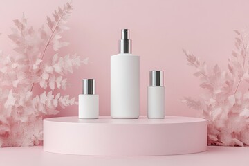 Poster - White bottle placed on pink background with two additional bottles in a minimalistic arrangement