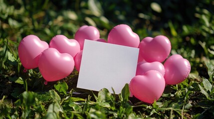 Poster - A simple white card surrounded by pink heart balloons, ideal for showcasing love, affection, and heartfelt messages in a celebratory context