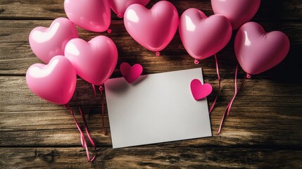 Poster - A simple white card surrounded by pink heart balloons, ideal for showcasing love, affection, and heartfelt messages in a celebratory context