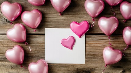 Poster - A simple white card surrounded by pink heart balloons, ideal for showcasing love, affection, and heartfelt messages in a celebratory context