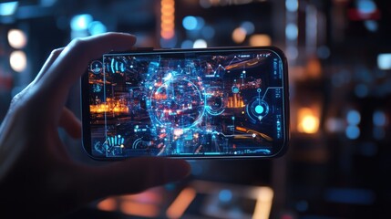 Poster - A smartphone with augmented reality features displayed overlaid onto the real-world surroundings, demonstrating the powerful fusion of virtual and physical elements