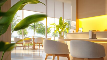 Poster - A welcoming cafe interior with large windows allowing natural light, soft chairs, and a warm vibe ideal for working or relaxing.