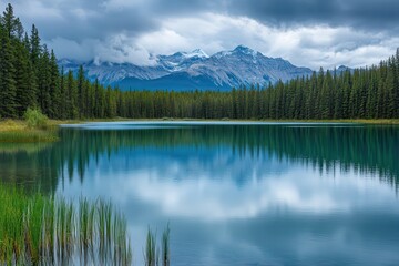 Wall Mural - Serene mountain lake reflection, forest, clouds, Canada