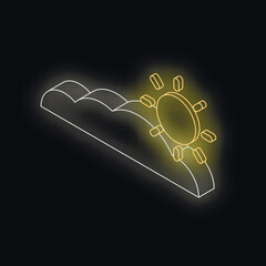 Poster - Sun isometric projection hiding behind clouds, glowing neon effect on black background