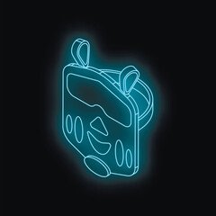 Poster - Neon school bus with bear face glowing on black background, representing fun and safe transportation for children