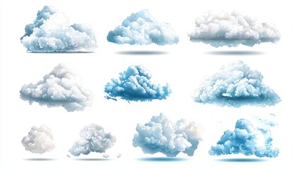 Poster - Set of cloud vectors with multiple shapes, ideal for graphic design or clipart projects. Includes fluffy, stylized, and minimalistic cloud designs.