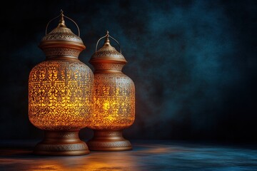 Poster - Two modern lamps on a wooden table illuminated in a bright indoor setting