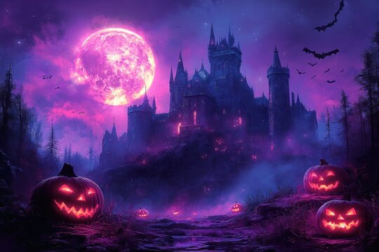 Haunted Castle Under Full Moon with Eerie Purple Lighting, Menacing Jack-o'-Lanterns and Silhouettes of Bats
