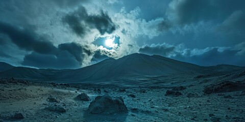 Wall Mural - dramatic moonlit volcanic landscape at night.