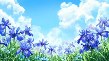 Wall Mural - vibrant blue irises and forget-me-nots in a sunny meadow under a cloudy sky