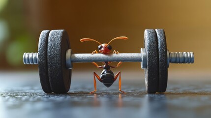 Poster - A tiny ant lifting a large barbell over its head, showcasing unexpected strength and power in a humorous and motivational manner