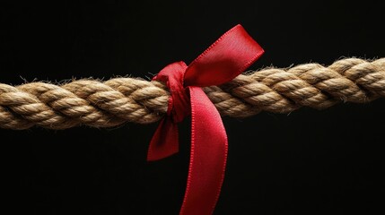 Aufkleber - A tug of war rope pulled tightly with a red ribbon tie, isolated on a black background, highlighting the strength and rivalry in the competition