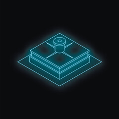 Poster - Neon blue isometric building featuring a central structure, glowing on a dark background, ideal for architectural or futuristic concepts