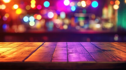 Aufkleber - A vibrant and colorful Miami bar scene with an empty wooden table for product display, surrounded by rainbow bokeh lights and a festive indoor environment