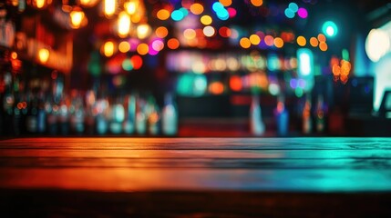 Poster - A vibrant and colorful Miami bar scene with an empty wooden table for product display, surrounded by rainbow bokeh lights and a festive indoor environment