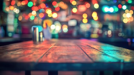 Poster - A vibrant and colorful Miami bar scene with an empty wooden table for product display, surrounded by rainbow bokeh lights and a festive indoor environment