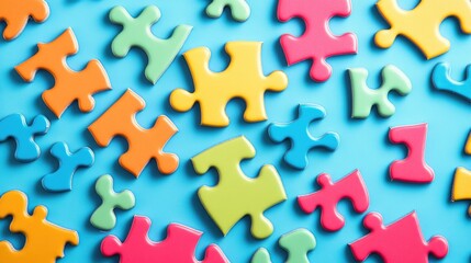Poster - A vibrant blue background with themed colorful puzzle pieces, ideal for educational, corporate, or interactive content about problem-solving and learning