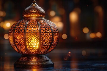 Poster - Lit candle on a wooden table with a soft blur of decorative lights in the background