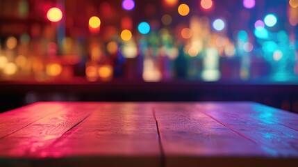 Poster - A vibrant Miami bar scene with an empty wooden table for product display, featuring rainbow-colored bokeh lights and a lively atmosphere