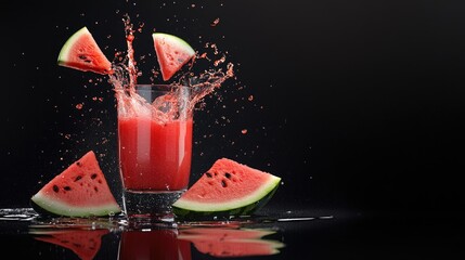 Poster - A vibrant splash of watermelon juice being poured into a glass, surrounded by watermelon wedges on a smooth black background for a modern and fresh feel