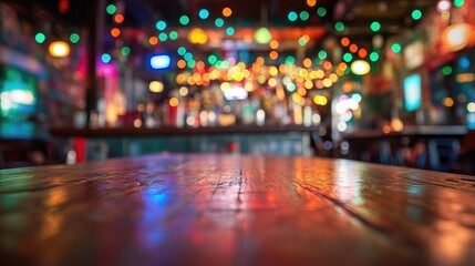Poster - A vibrant Miami bar scene with an empty wooden table for product display, featuring rainbow-colored bokeh lights and a lively atmosphere