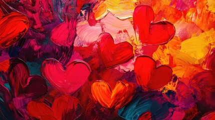 Poster - Abstract red hearts on a vibrant background, full of movement and energy, symbolizing love, passion, and romance in a modern style